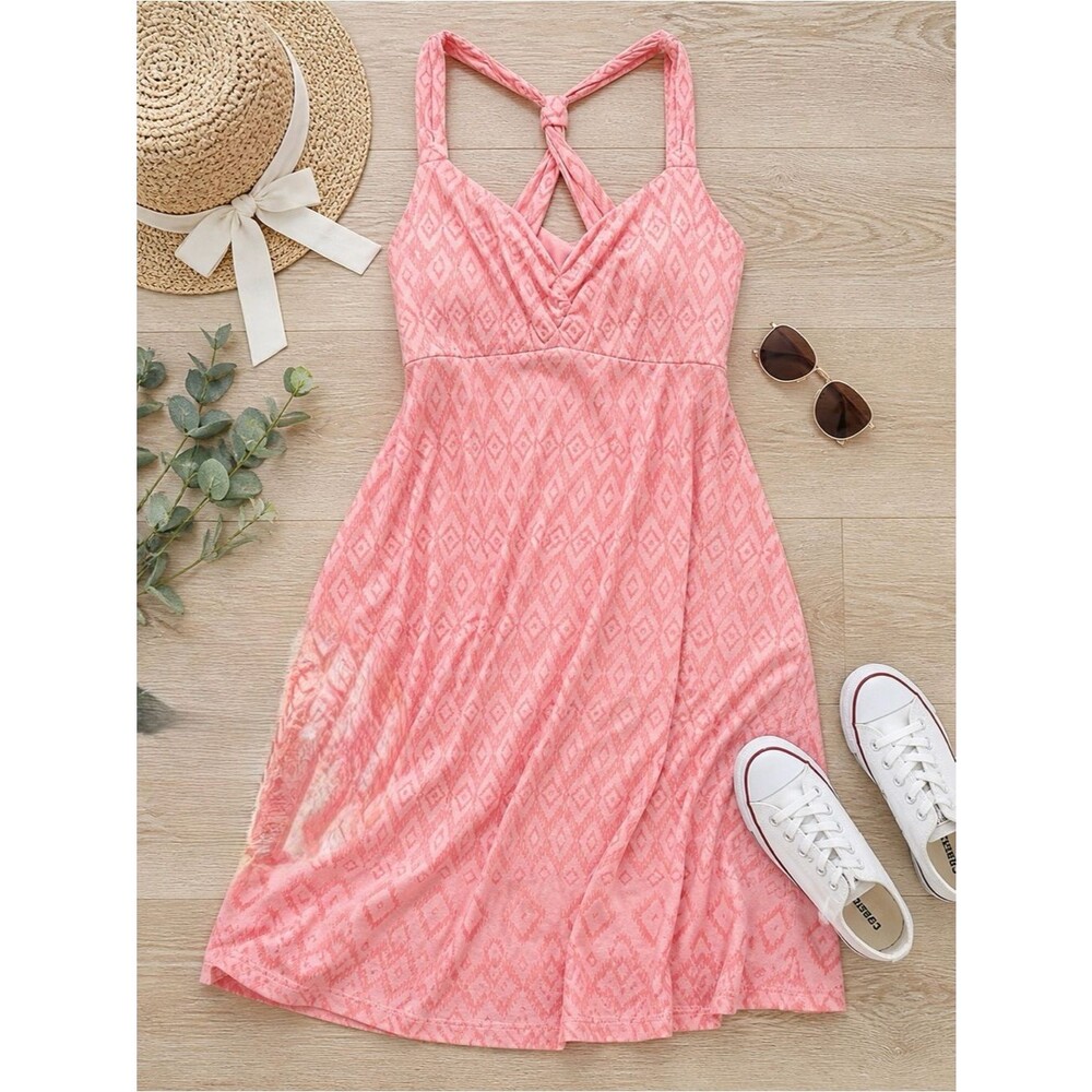Dakini Pink Geometric Midi Dress Built-In Bra Removable Pads NWOT L Crisscross